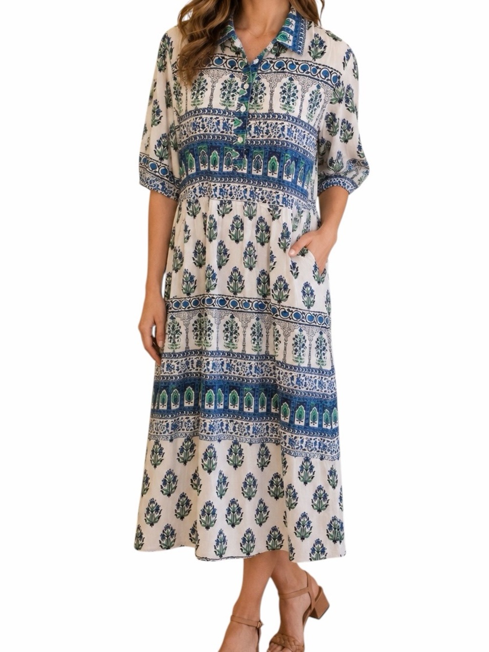 Mary Marshmallow Blue/Green Floral/Ikat Printed Cotton Dress L